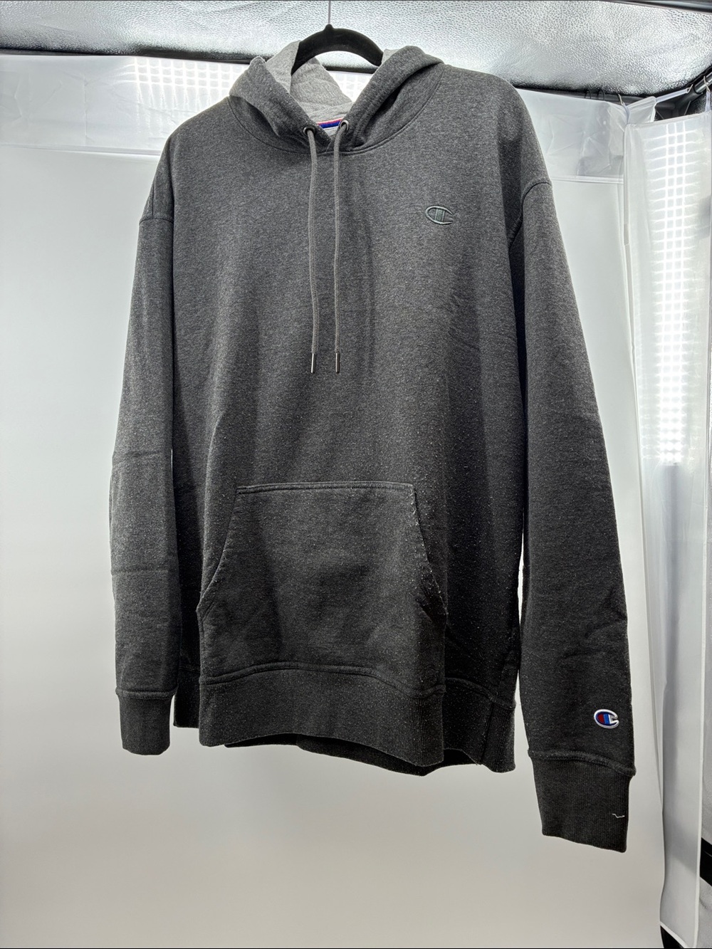 Champion Charcoal Gray Pullover Hoodie with Embroidered Logos
